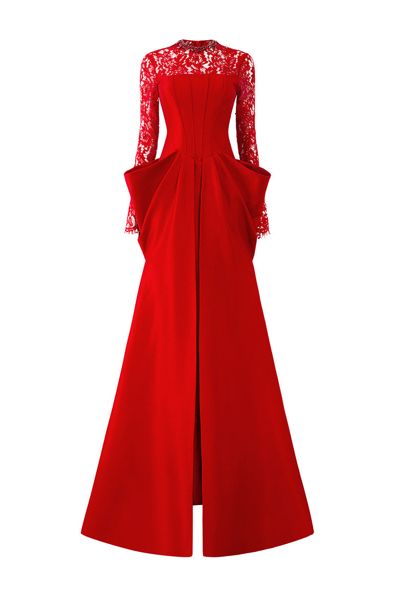 I.H.F red long sleeve gown with draped waist, elegant evening dress, showcasing flowy fabric and sophisticated style.