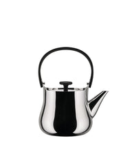 Polished stainless steel teapot with a black handle and knob by Alessi, featuring a sleek, curved body.