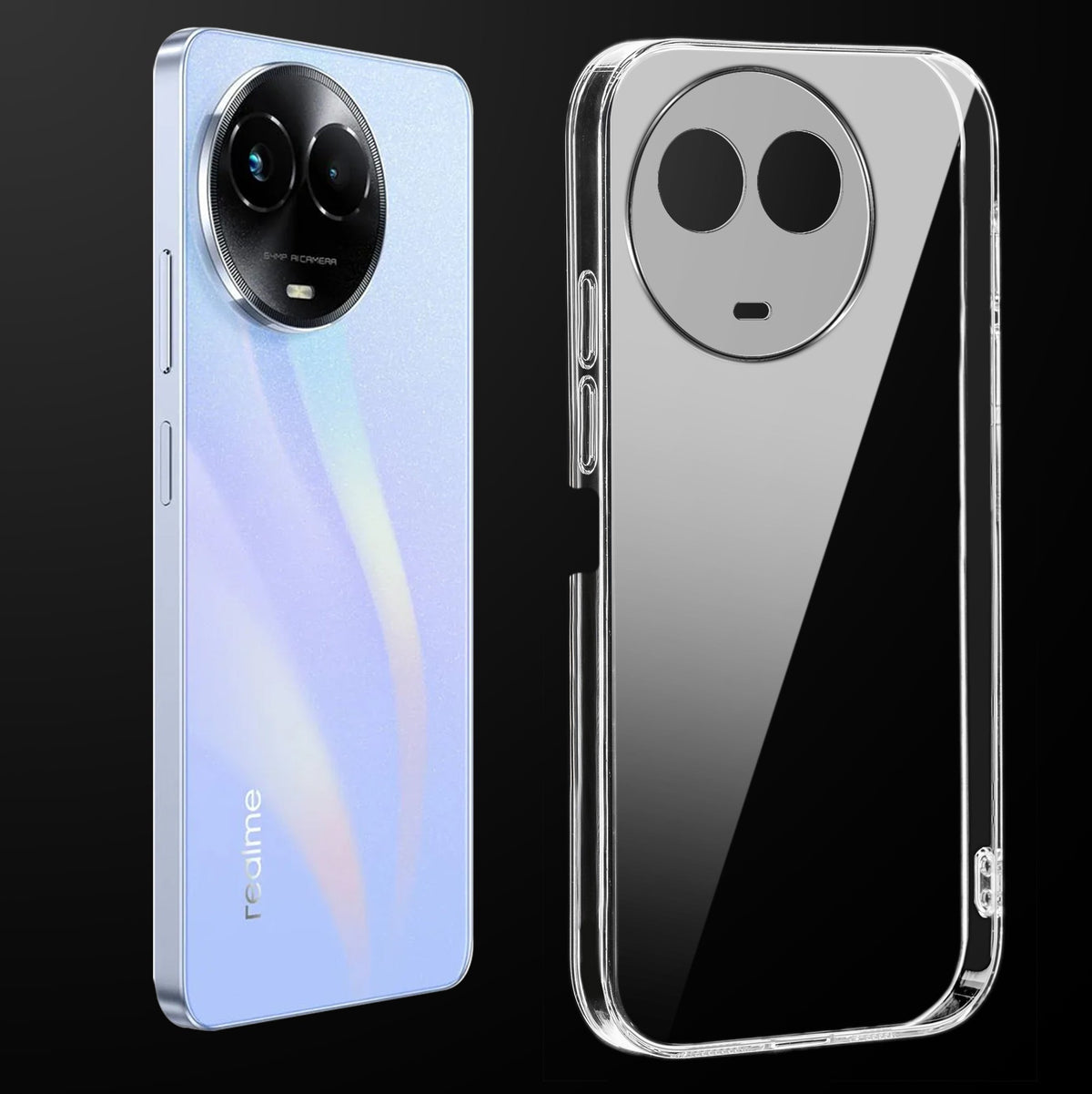 Transparent anti-yellow hard back case fitted on Realme 11x 5G showing full back coverage and camera protection