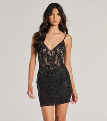 Keep it classic with the Jovie Sequin Glitter Sheer Mesh Mini Dress, a feed-worthy pick from Windsor's black homecoming dress collection made to stop their scroll from pictures to the dance floor.
