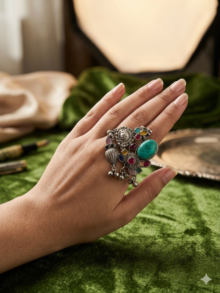 Multicolor Indian Fusion Oxidized Adjustable Ring