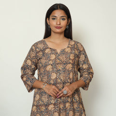 Black - Pedana Kalamkari Hand Block Printed Cotton A-Line Kurta 08