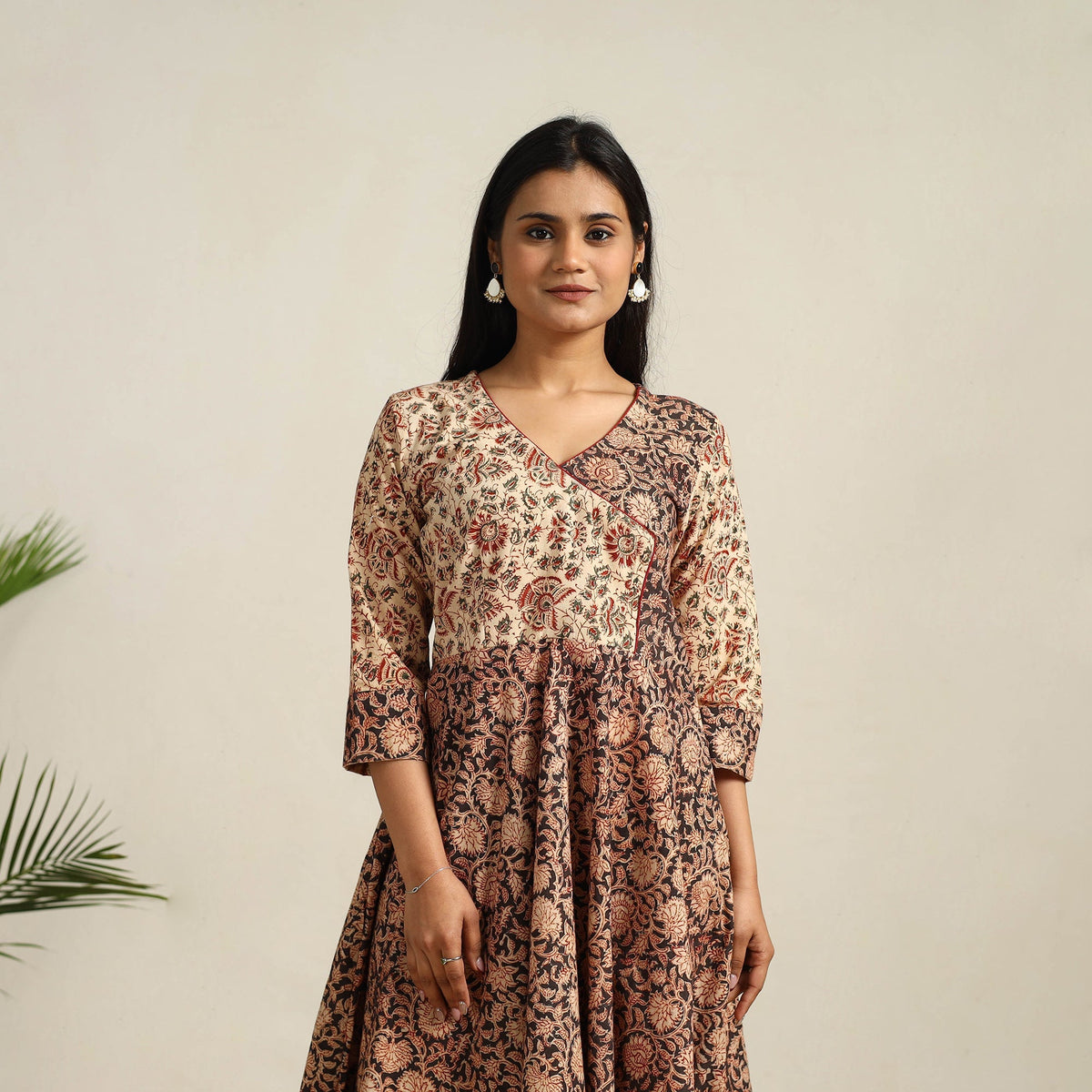 Black - Pedana Block Print Cotton Flared Kalamkari Dress 01