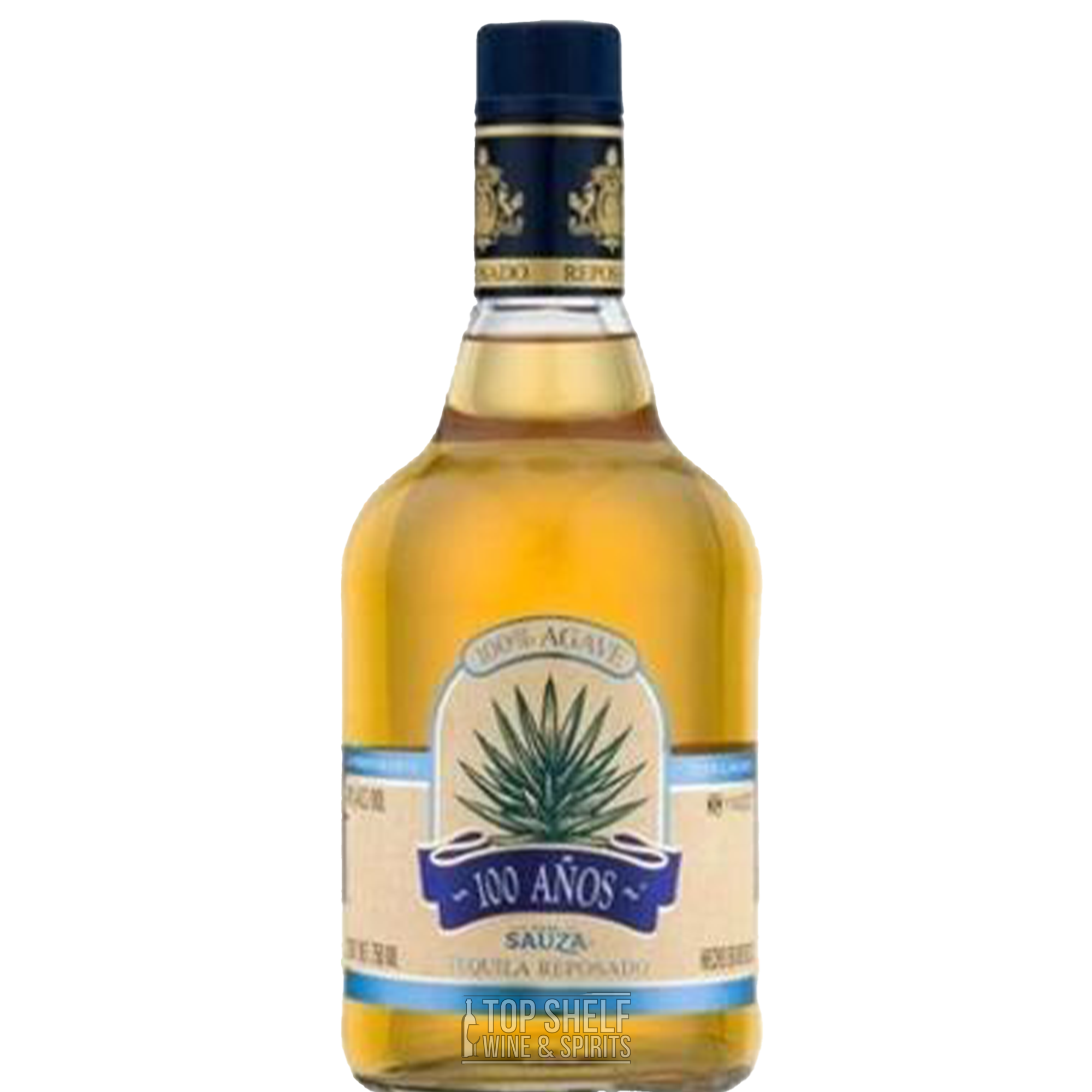Bottle of 100 Años Reposado Blue Agave Tequila, showcasing its bright bronze color and distinct label.