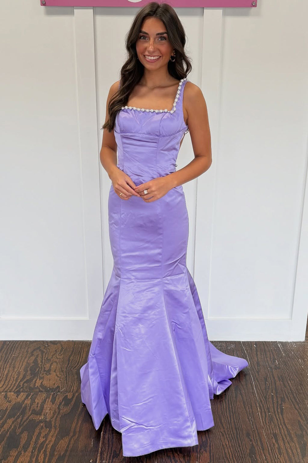 Mermaid Square Neck Floor-Length Satin Prom Dress with Pearl Strap Trim and Structured Bodice