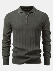 Long Sleeved Knitted Geometric Jacquard Zippe Polo Shirt