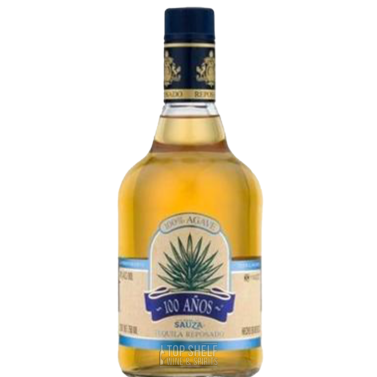 Bottle of 100 Años Reposado Blue Agave Tequila, showcasing its bright bronze color and distinct label.