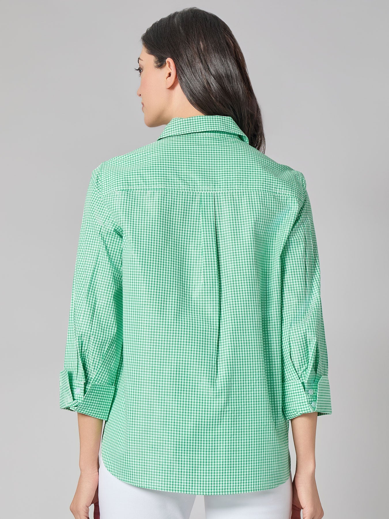 Button Front Shirt, Gingham, Lily White/Apple Green | Kasper