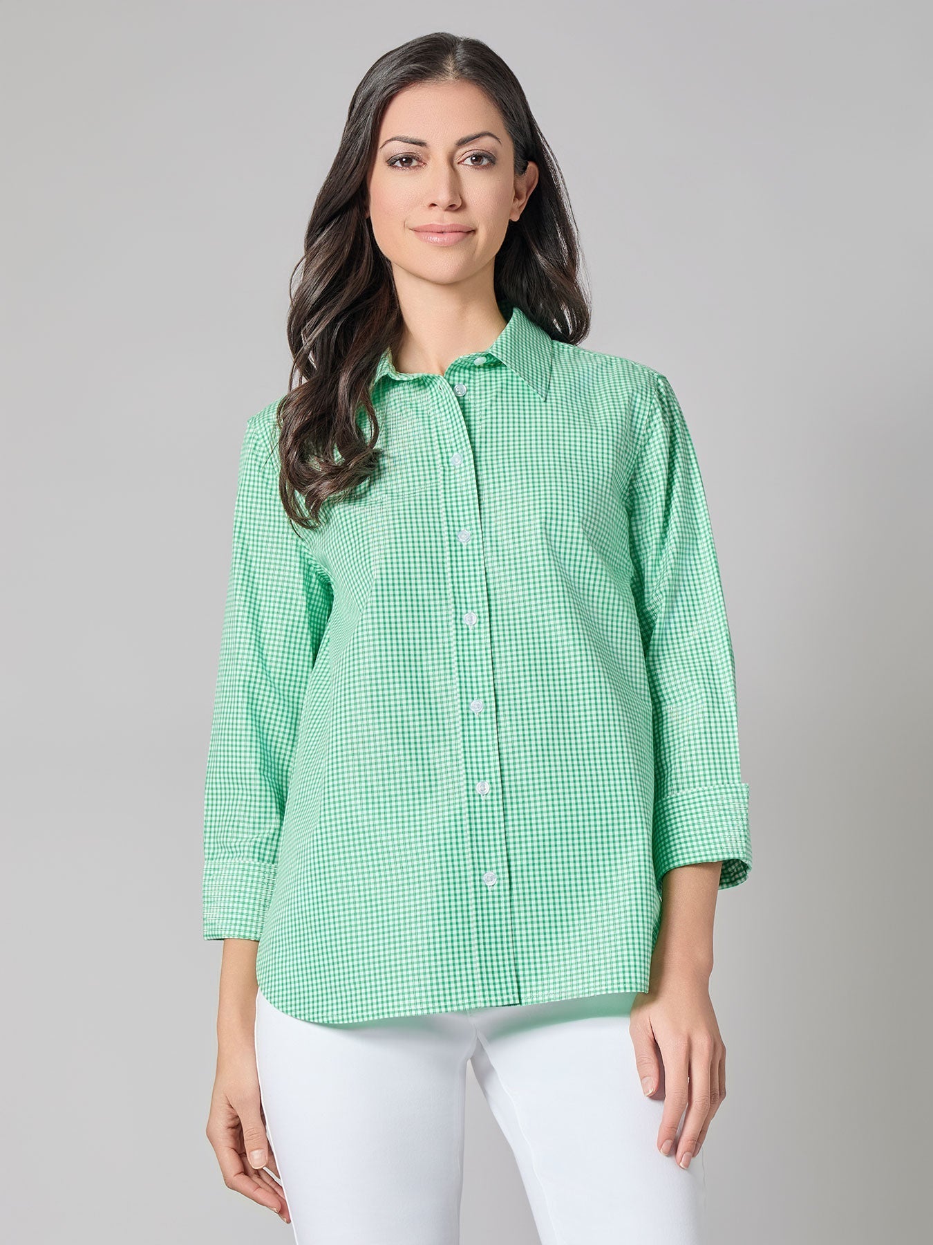 Button Front Shirt, Gingham, Lily White/Apple Green | Kasper