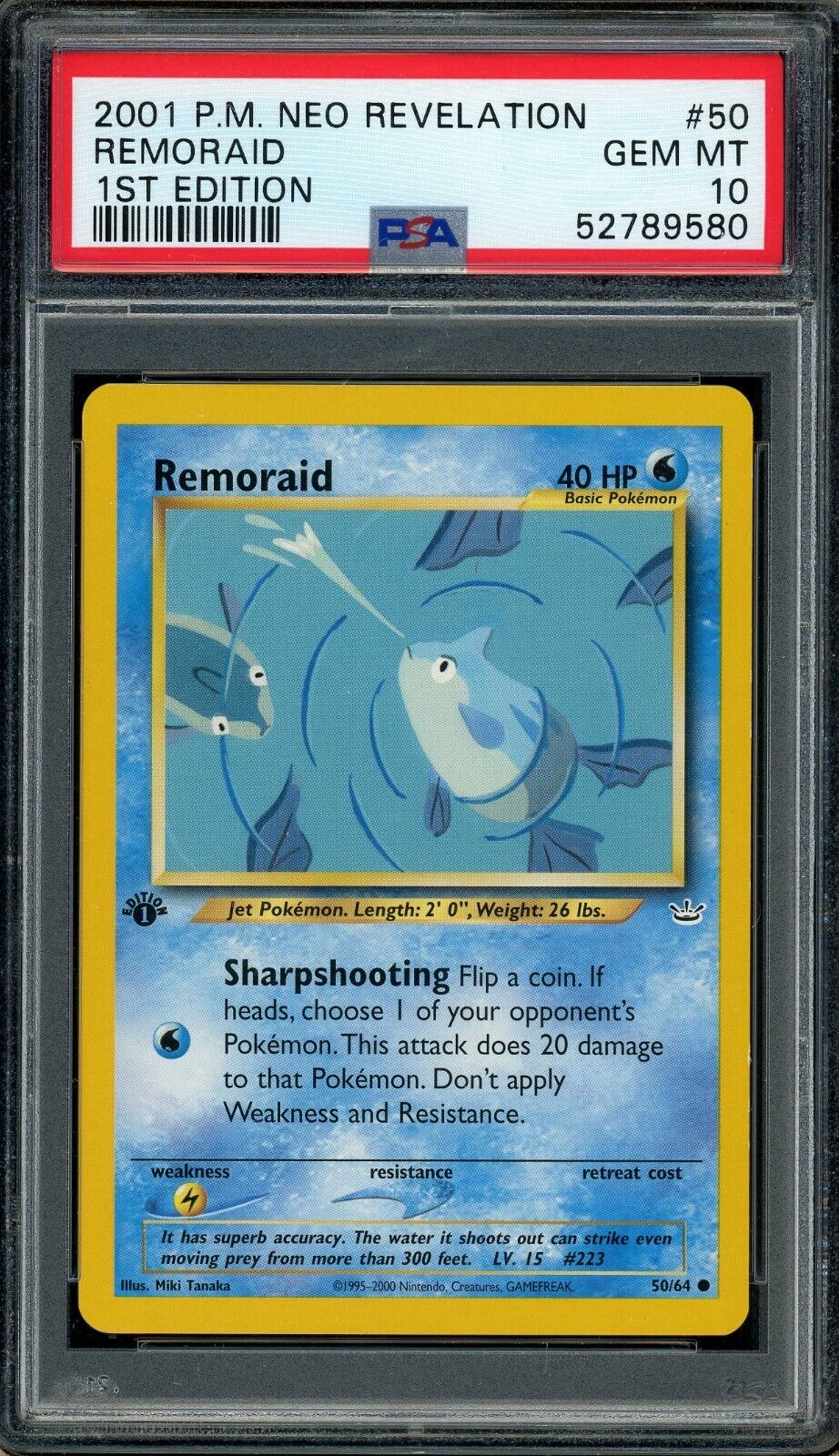 Remoraid 1st Edition 50/64 card from Neo Revelation set PSA 10 graded