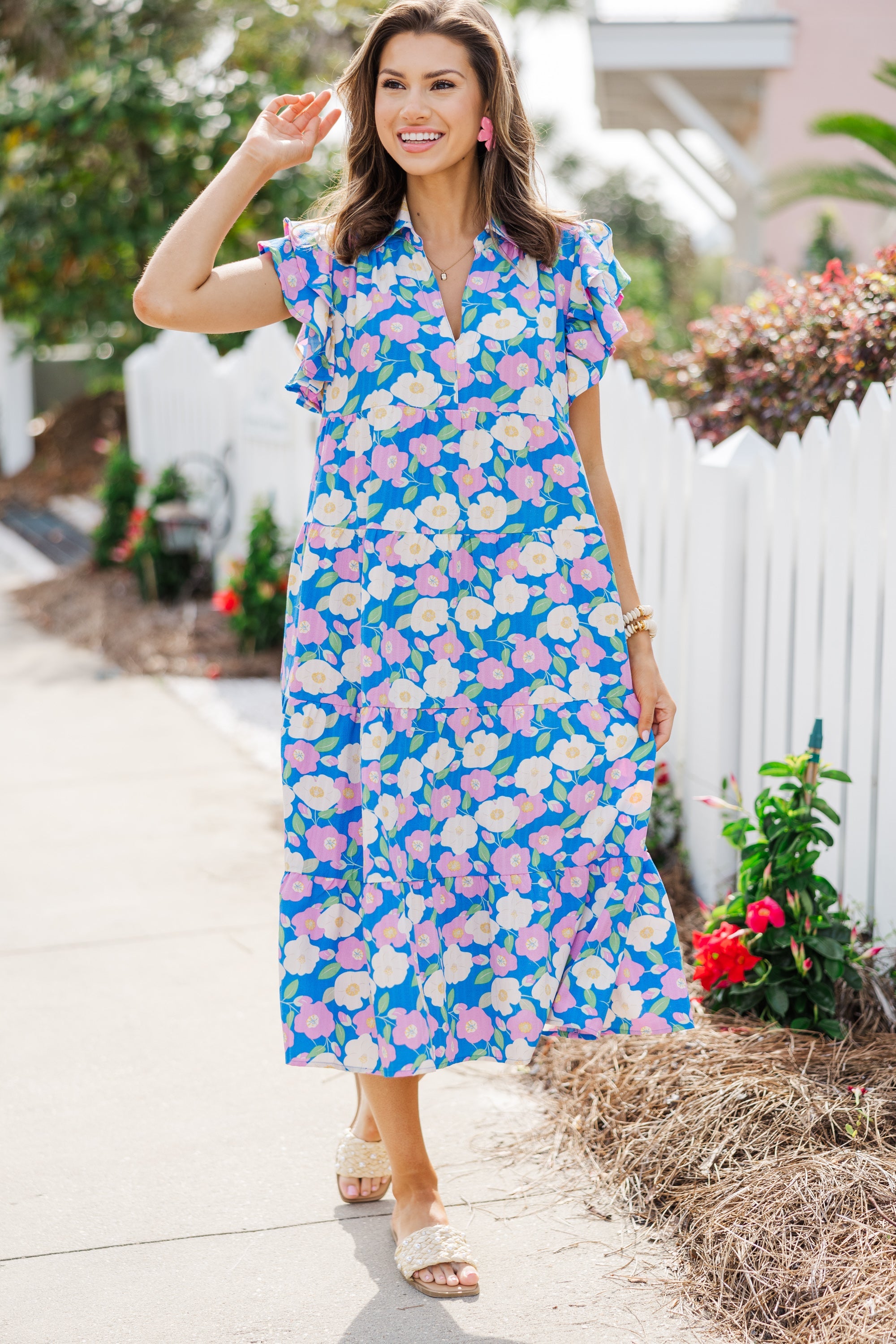 floral midi dresses, blue midi dresses, boutique midi dresses