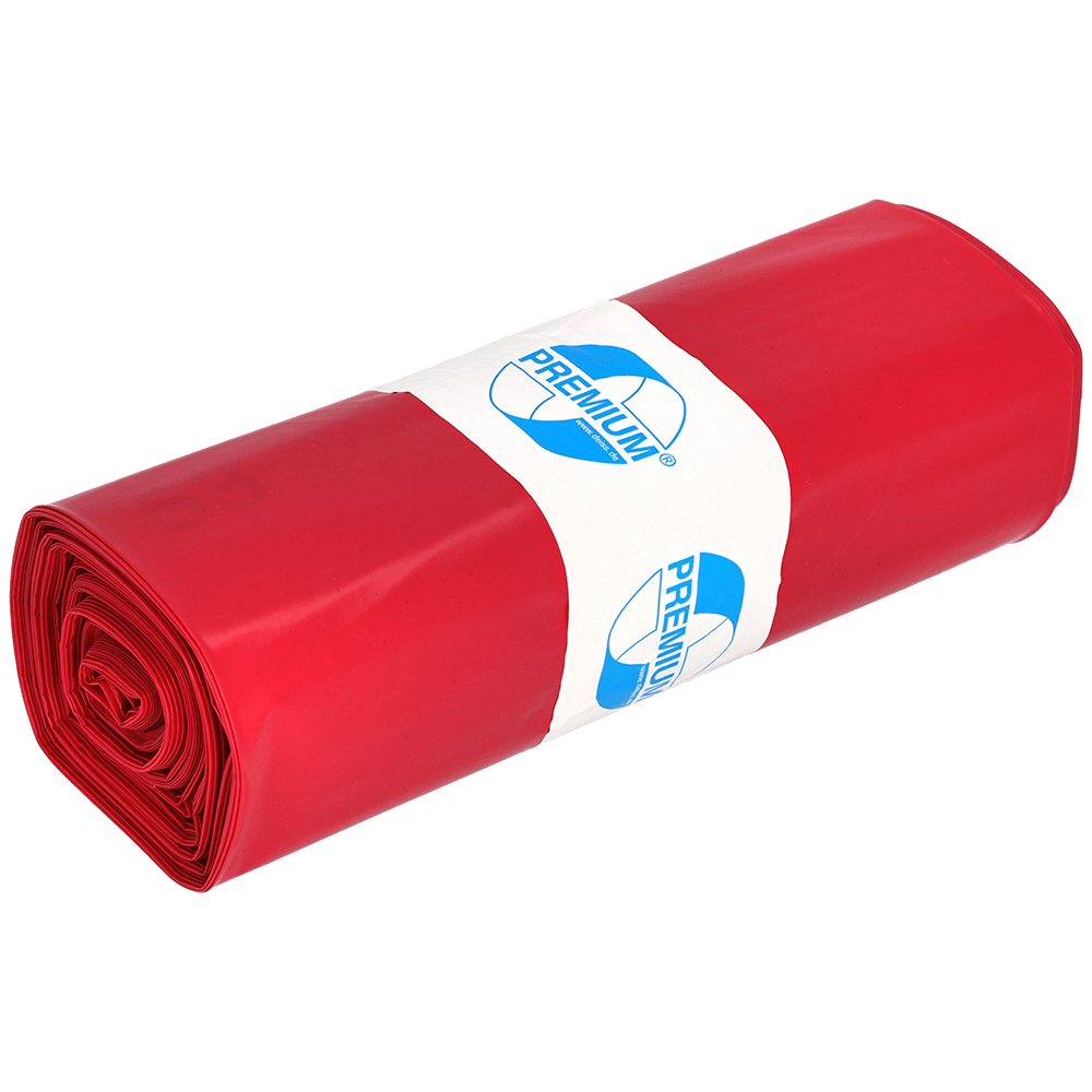 A rolled bundle of red EMIL DEISS KG 11702 trash bags (Type 100, 575x1000 mm, 25 pieces) with a white "Premium" label in blue lettering; ideal for workshops and construction sites. The product is shown against a solid, light-colored background.