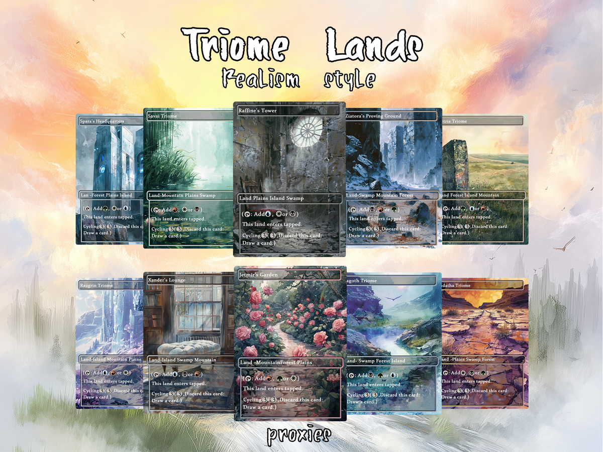 Mega EDH land pack Realiem Style triome lands set of 10 unique borderless custom proxy lands High quality lands for EDH or cEDH