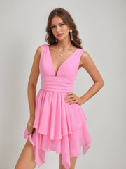 A-Line/Princess V-Neck Pleated Asymmetrical Chiffon Short Semi Formal Dresses