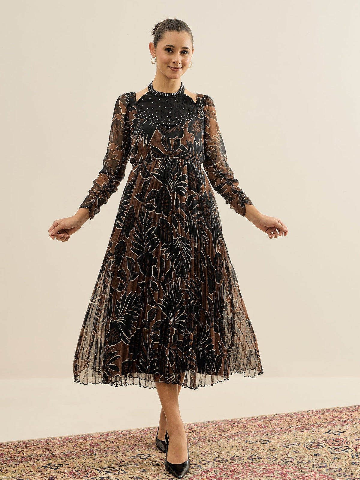 Antheaa Embellished Floral Print Halter Neck Chiffon Fit & Flare Midi Dress