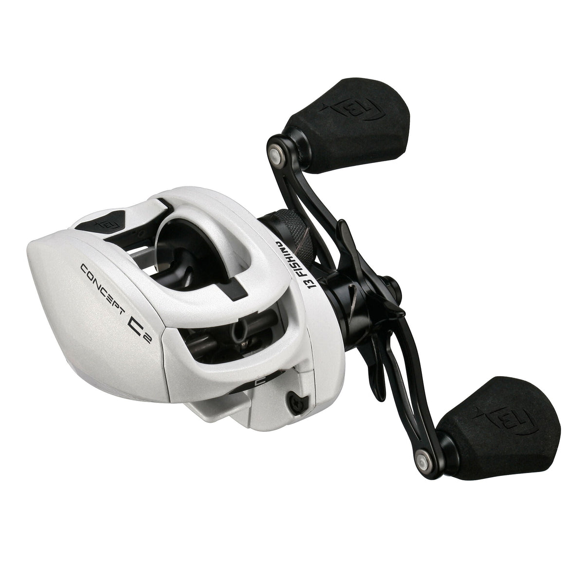 White Concept C2 baitcasting reel with black handle and textured knobs.