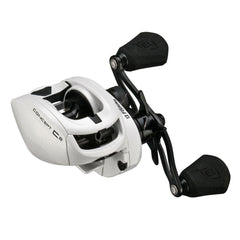 White Concept C2 baitcasting reel with black handle and textured knobs.
