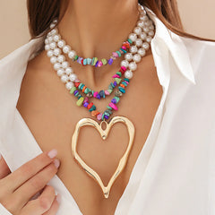 Triple Layered Chunky Heart Pearl Necklace