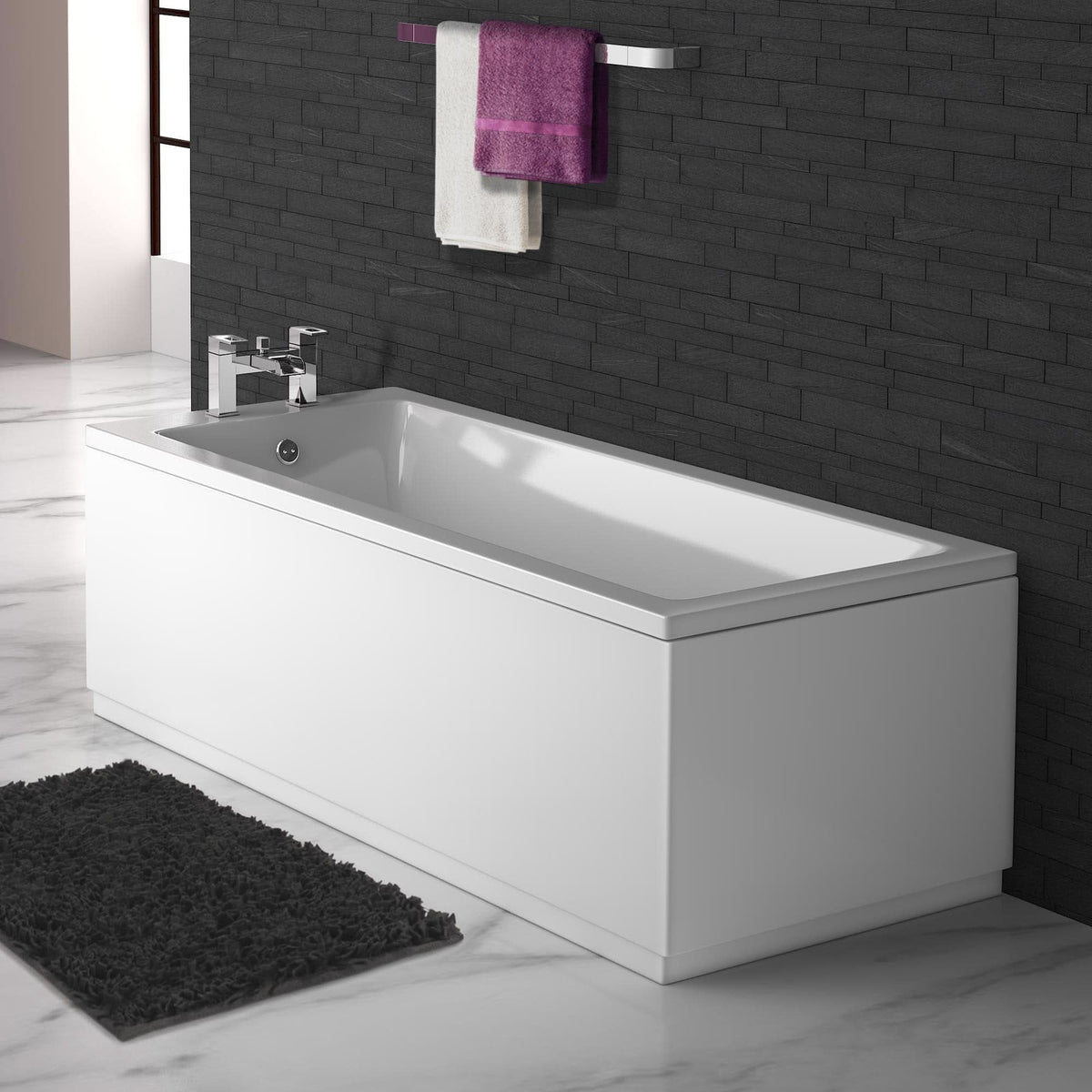 iBathUK Arvon Single Ended Rectangular Acrylic Bathtub with Adjustable Feet, Modern White Gloss Bathroom Tub, 1700 x 700mm