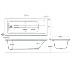 iBathUK Arvon Single Ended Rectangular Acrylic Bathtub with Adjustable Feet, Modern White Gloss Bathroom Tub, 1700 x 700mm