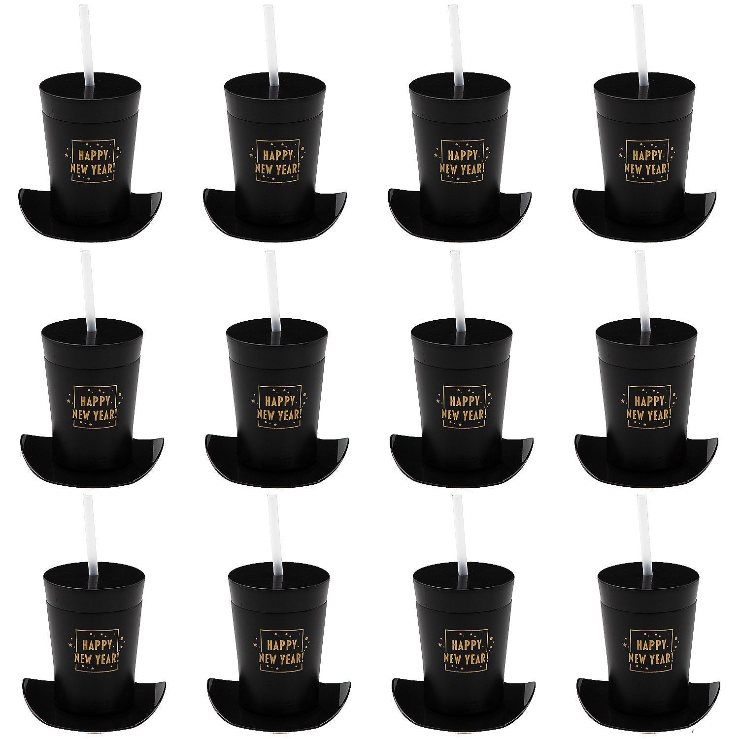 14 oz. Happy New Year Top Hat-Shaped Plastic Cups with Lids & Straws - 12 Per Pack