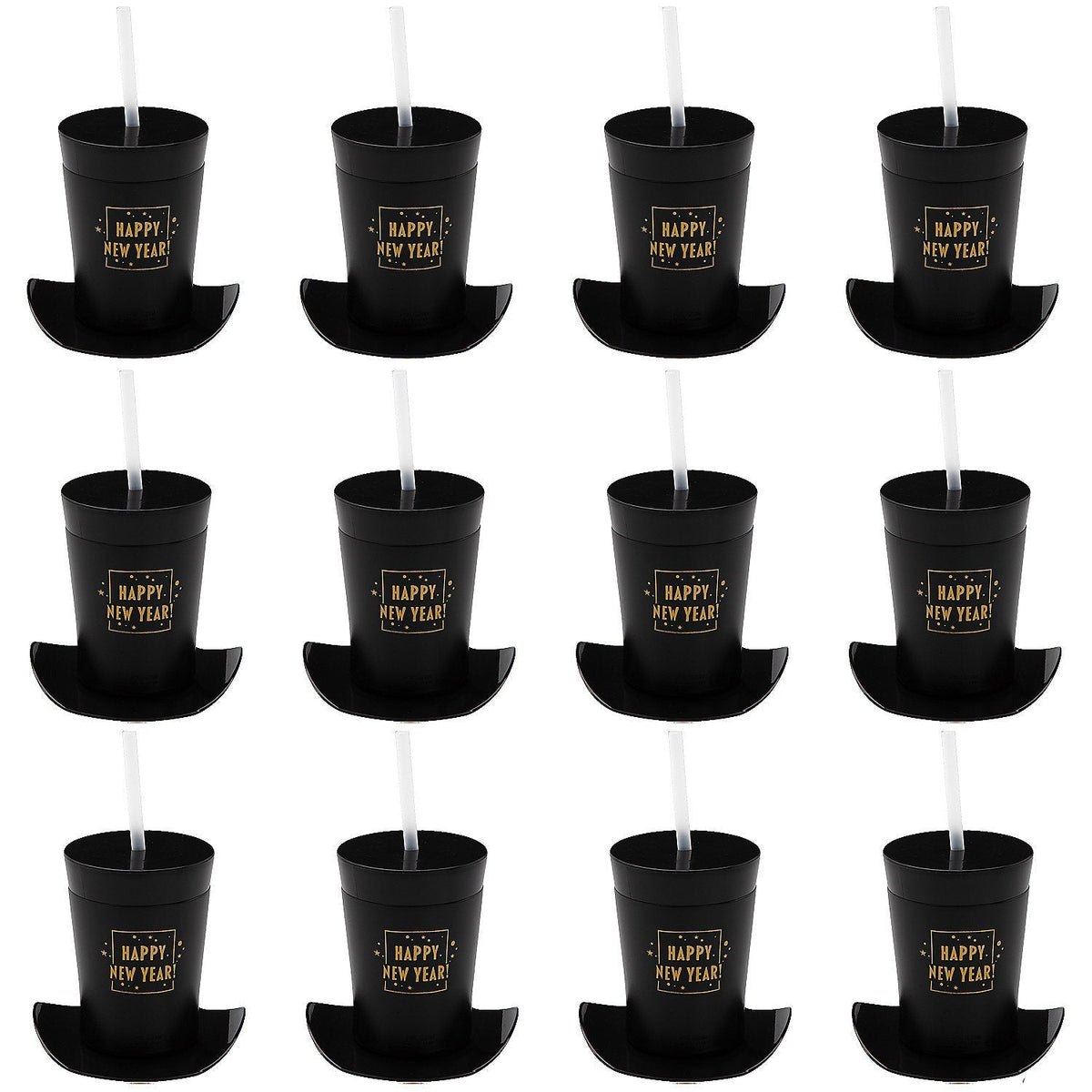 14 oz. Happy New Year Top Hat-Shaped Plastic Cups with Lids & Straws - 12 Per Pack