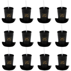 14 oz. Happy New Year Top Hat-Shaped Plastic Cups with Lids & Straws - 12 Per Pack