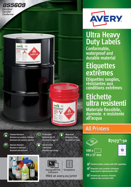 Avery - Etiket avery b7173-50 99x57mm polyester wit 500st | 5 stuks