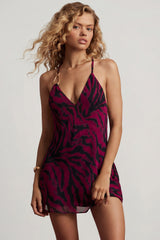 Oh Polly's Juliana Nulu wearing the Kalani Mini Dress in Pink Zebra Print Chiffon fabric perfect for rooftop brunches