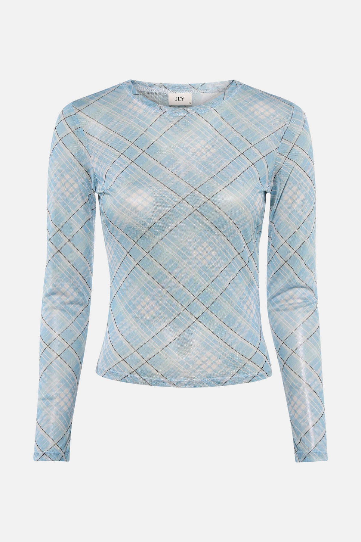 Blauw T-shirt met lange mouwen van JDY, met een geruit patroon in blauw, wit en zwart.