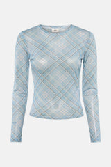 Blauw T-shirt met lange mouwen van JDY, met een geruit patroon in blauw, wit en zwart.