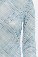 Blauw T-shirt met lange mouwen van JDY, met geruit patroon en doorschijnende stof.

