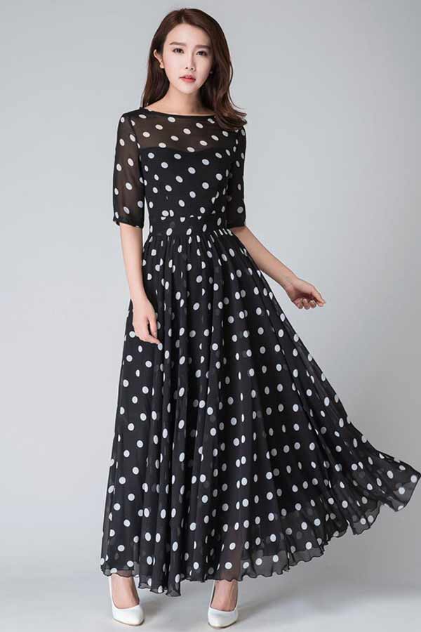Black and White Chiffon Maxi Dress - Illusion Neckline, Half Sleeve 1534