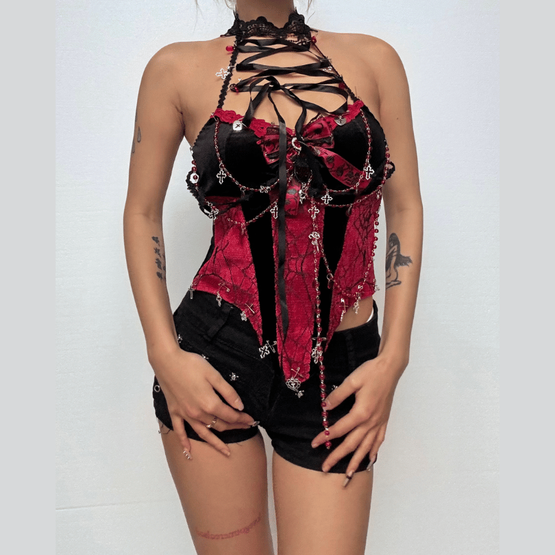 Lace up beaded flower applique bowknot top