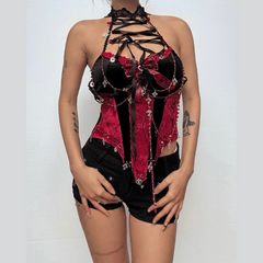 Lace up beaded flower applique bowknot top