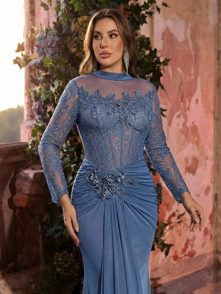 Glamrae Plus Size Dusty Blue Spring Formal Elegant Evening Formal  Dress,Long Sleeve High Collar Sheer Fitted Waist Fishbone Luxury Applique  Bodycon Mermaid
