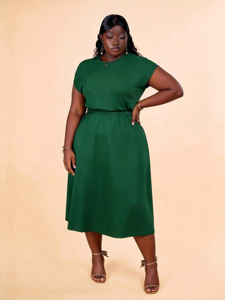 CurvyTilda Dark Green Plus Size A-Line Dress Wedding Guest Party Semi Formal Elastic High Waist Round Neck Batwing Sleeve Flared Hem Solid C,3XL