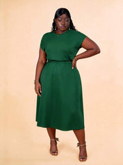 CurvyTilda Dark Green Plus Size A-Line Dress Wedding Guest Party Semi Formal Elastic High Waist Round Neck Batwing Sleeve Flared Hem Solid C,3XL