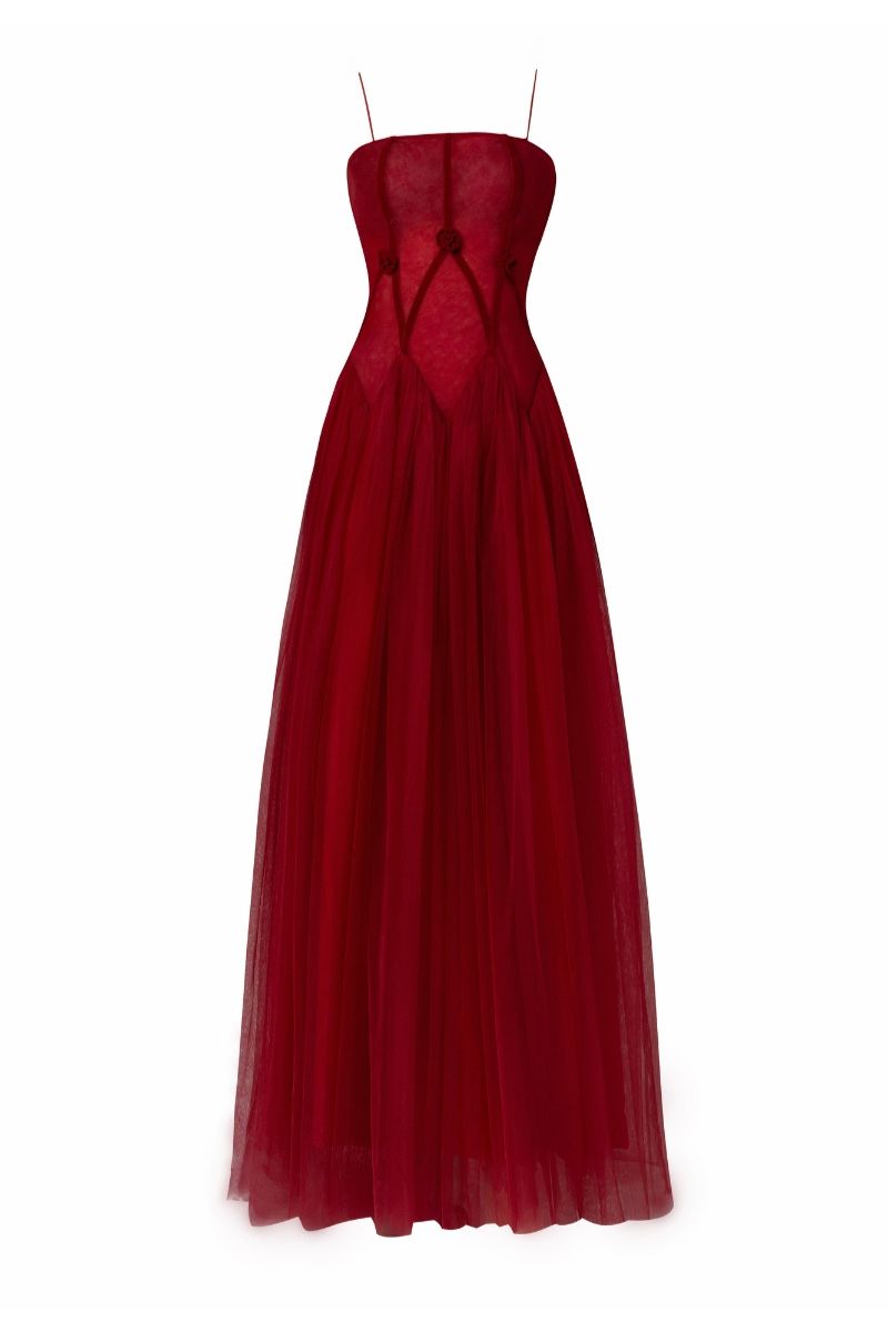 Red drop waist mesh maxi gown by Happy Clothing featuring a flowing silhouette and elegant design.