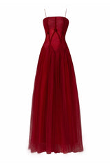 Red drop waist mesh maxi gown by Happy Clothing featuring a flowing silhouette and elegant design.
