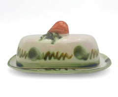 Vintage 1950s John B. Taylor Harvest pattern ceramic covered butter dish with raised fruit motifs.