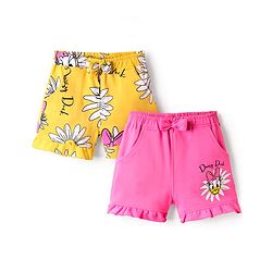 Babyhug Disney Terry Knit Knee Length Shorts With Minnie Mouse Family Graphics & Frill Detailing Pack of 2 - Pink & Yellow