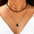 2pc Black Bead Square Pendant Necklace