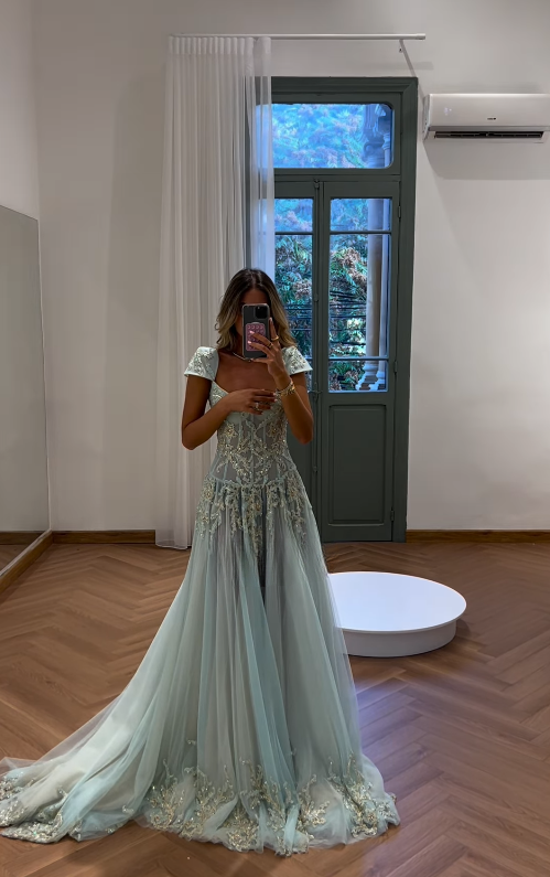Baby Blue A Line Exquisite Beaded Tulle Prom Dress Wedding Guest Dress SH4723