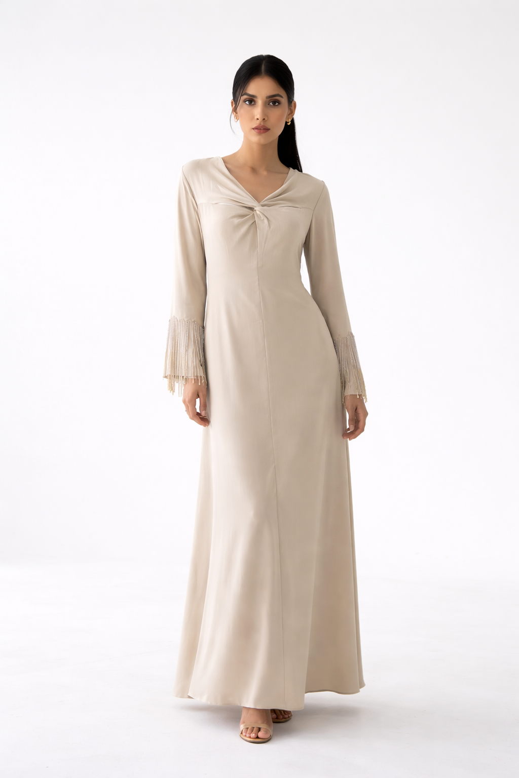 Twist Front Fringe Sleeve Maxi Dress