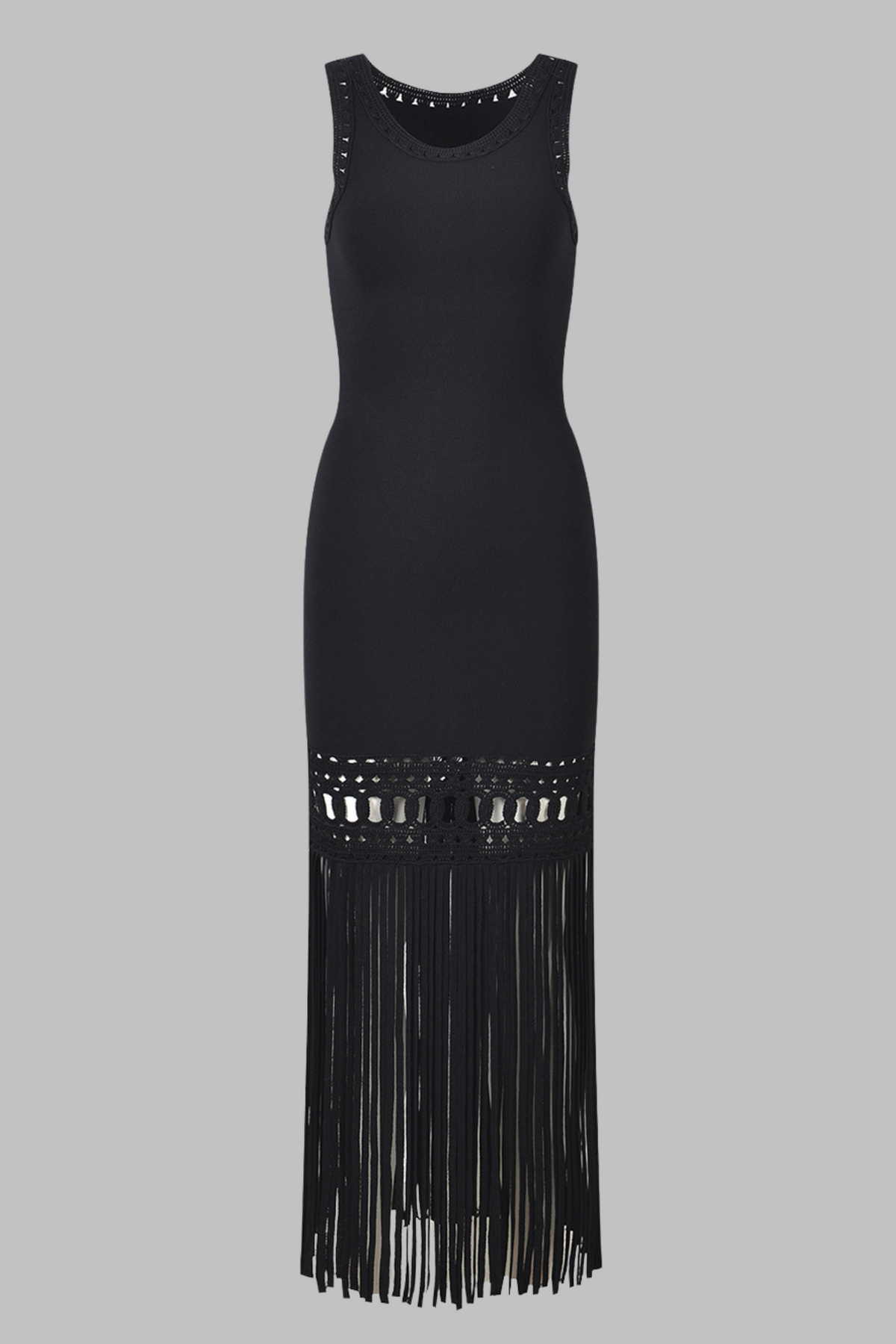 Boho Chic Black Knit Midi Dress with Crochet Detailing & Long Fringe