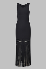 Boho Chic Black Knit Midi Dress with Crochet Detailing & Long Fringe