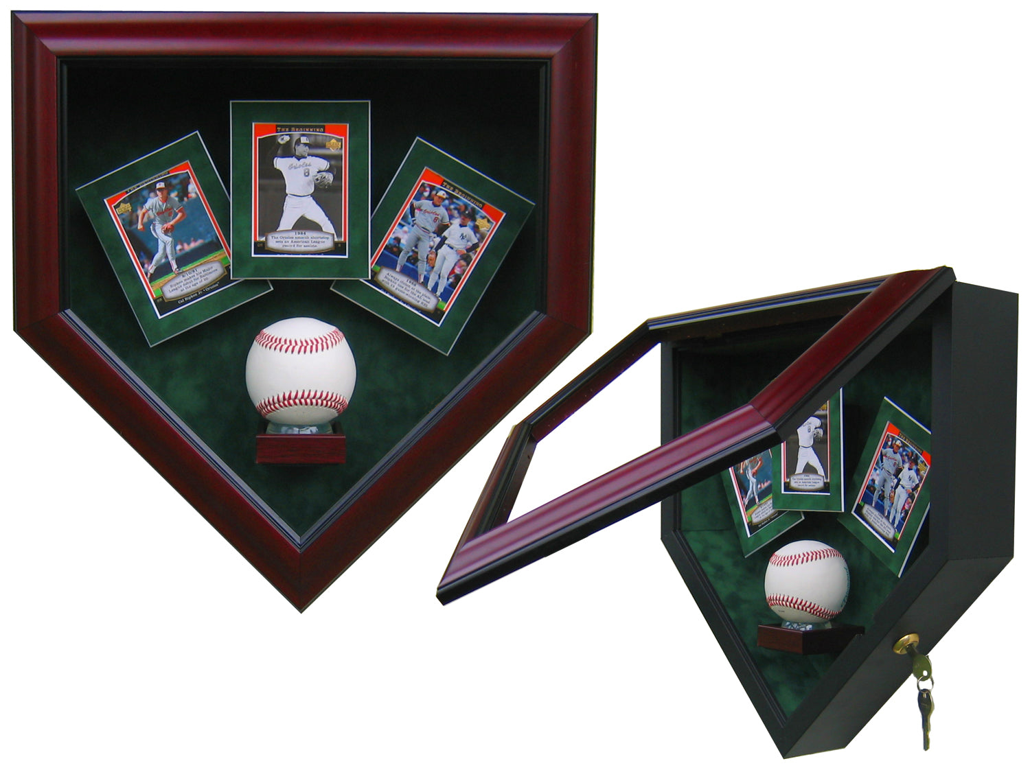 1 Baseball with 3 Cards Homeplate Shaped Display Case