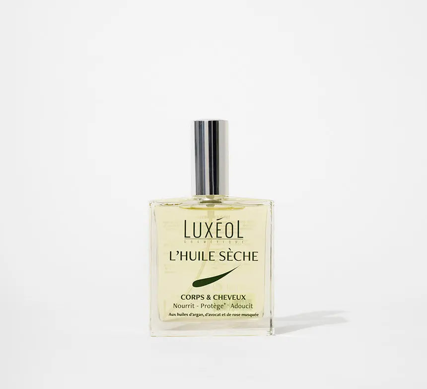 LUXEOL<br> <b> L'huile sèche corps & cheveux</b><br><h5> Nourrit - Protège - Adoucit-100ml</h5>Origine France <img style="vertical-align: middle;" src=" https://shorturl.at/bDMR9">