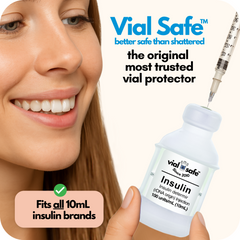 Clear color style Vial Safe insulin vial protector with a woman holding it, labeled 'better safe than shattered'. The original most trusted vial protector.